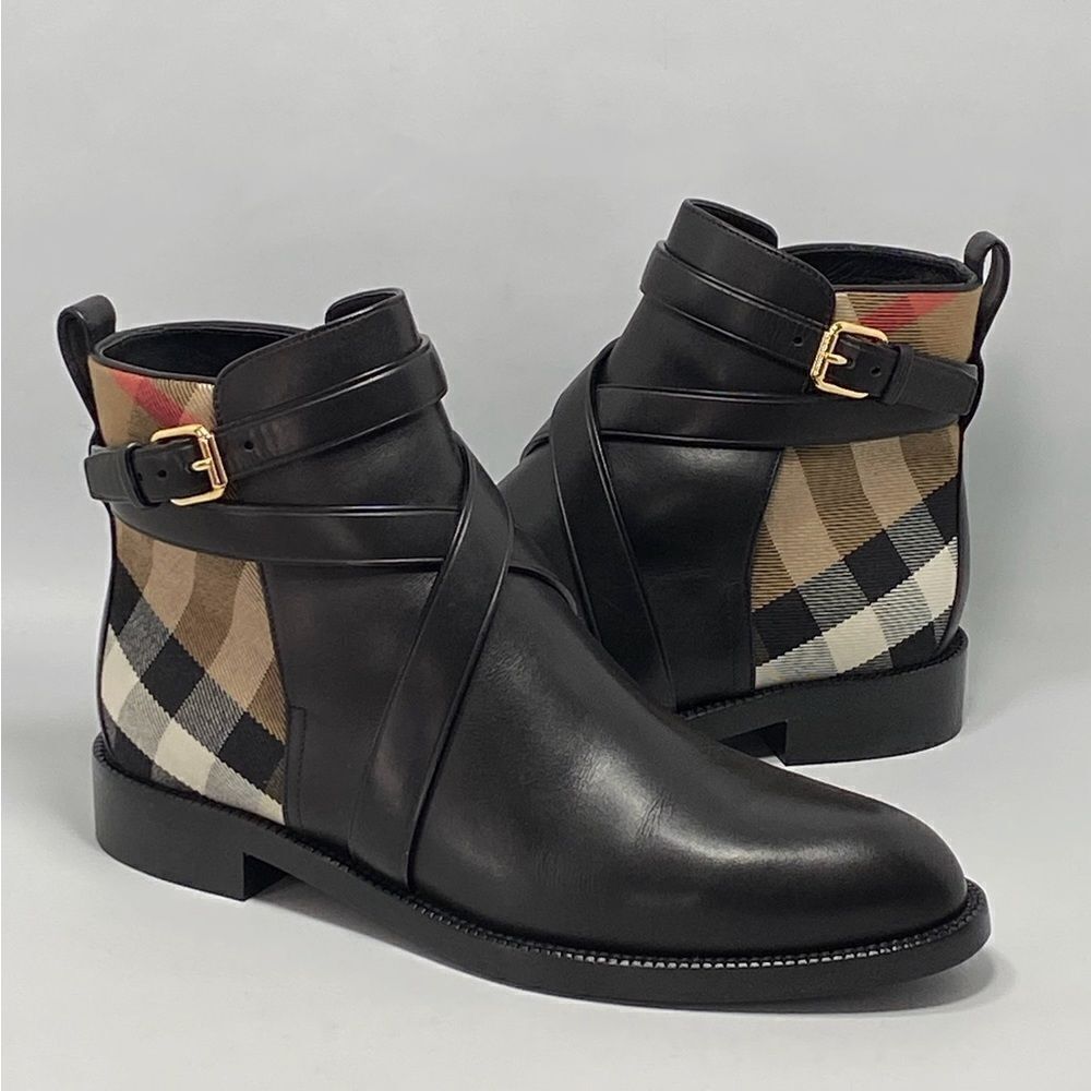 Burberry Pryle House Check & Leather Ankle Boots size 38